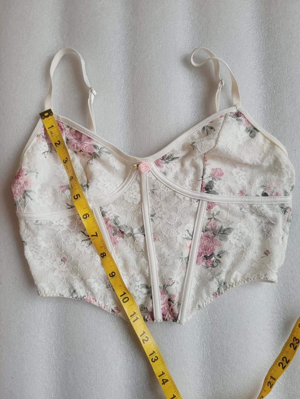 Floral Lace Bustier White with Pink Roses Corset Feminine - Picture 9 of 9